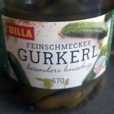 A preserving jar glass bottle of gourmet gherkins or pickles from Austria
